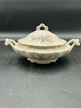 Old Rose Covered Serving Bowl - Cream with Pink Rose Accent by Arcadian